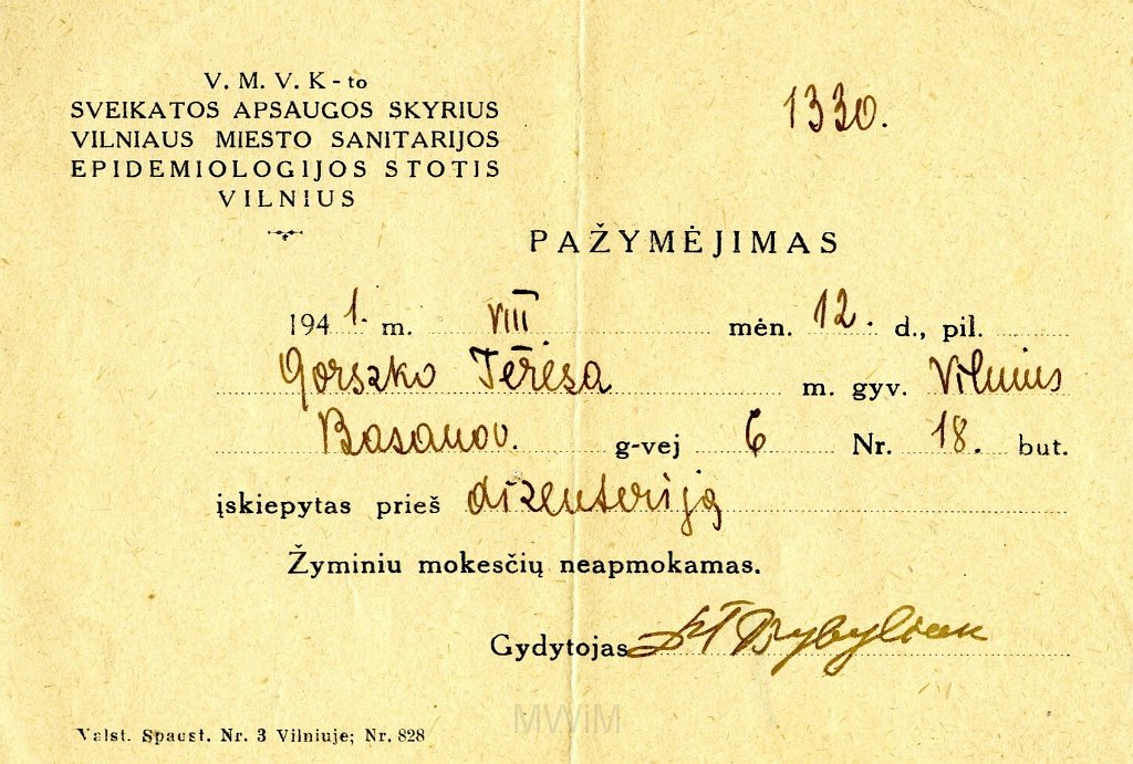 KKE 5883-1.jpg - (litewski) Dok. Zaświadczenie lekarskie o szczepieniu rodziny Graszko, Wilno, 15 VIII 1941 r.